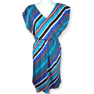 MAURICES BLUE, ORANGE, WHITE, & BLACK STRIPE DRESS SZ.M EUC